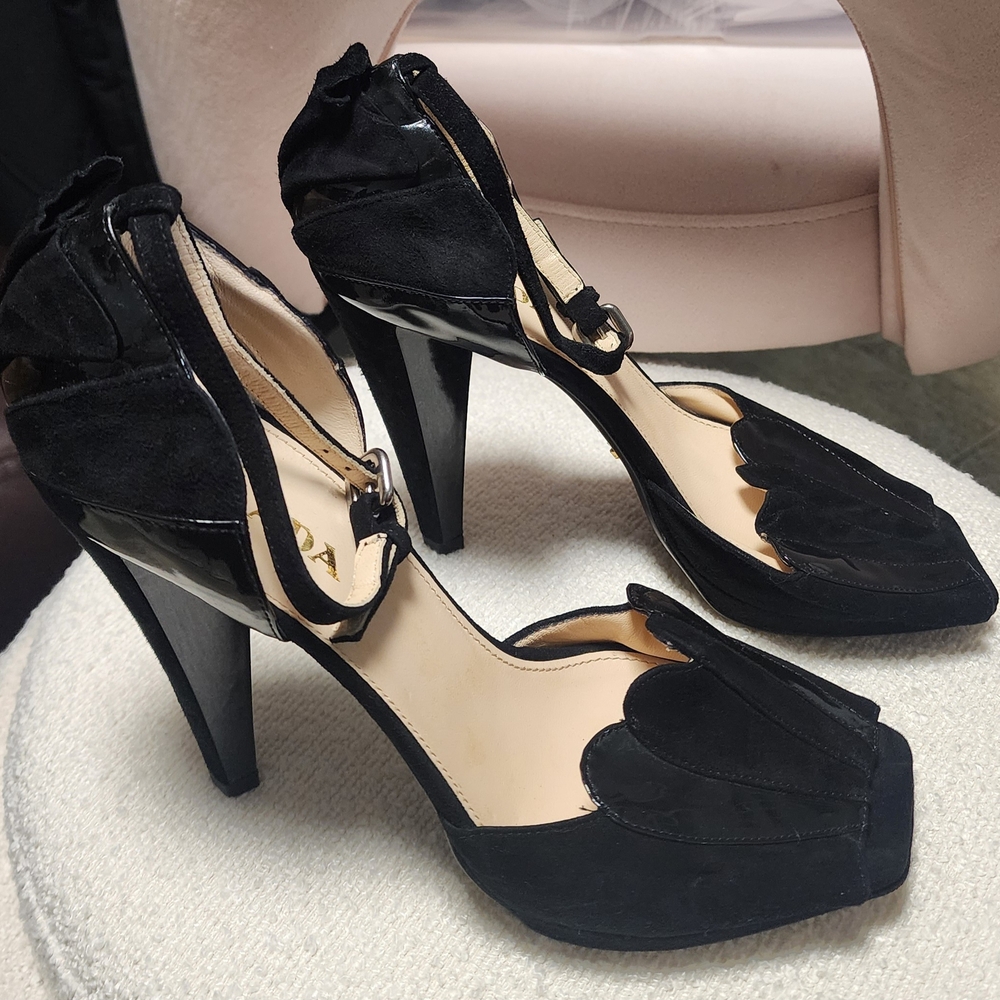 PRADA Camoscio Taffetas Pumps Black Patent / Suede Leather Size 39 Italy - Picture 6 of 13